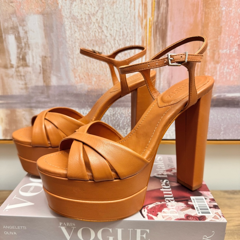 ❤️ NEW Schutz Keefa High Heels Platform Sandals Caramelo Tan Cognac Napa Leather - Picture 5 of 12